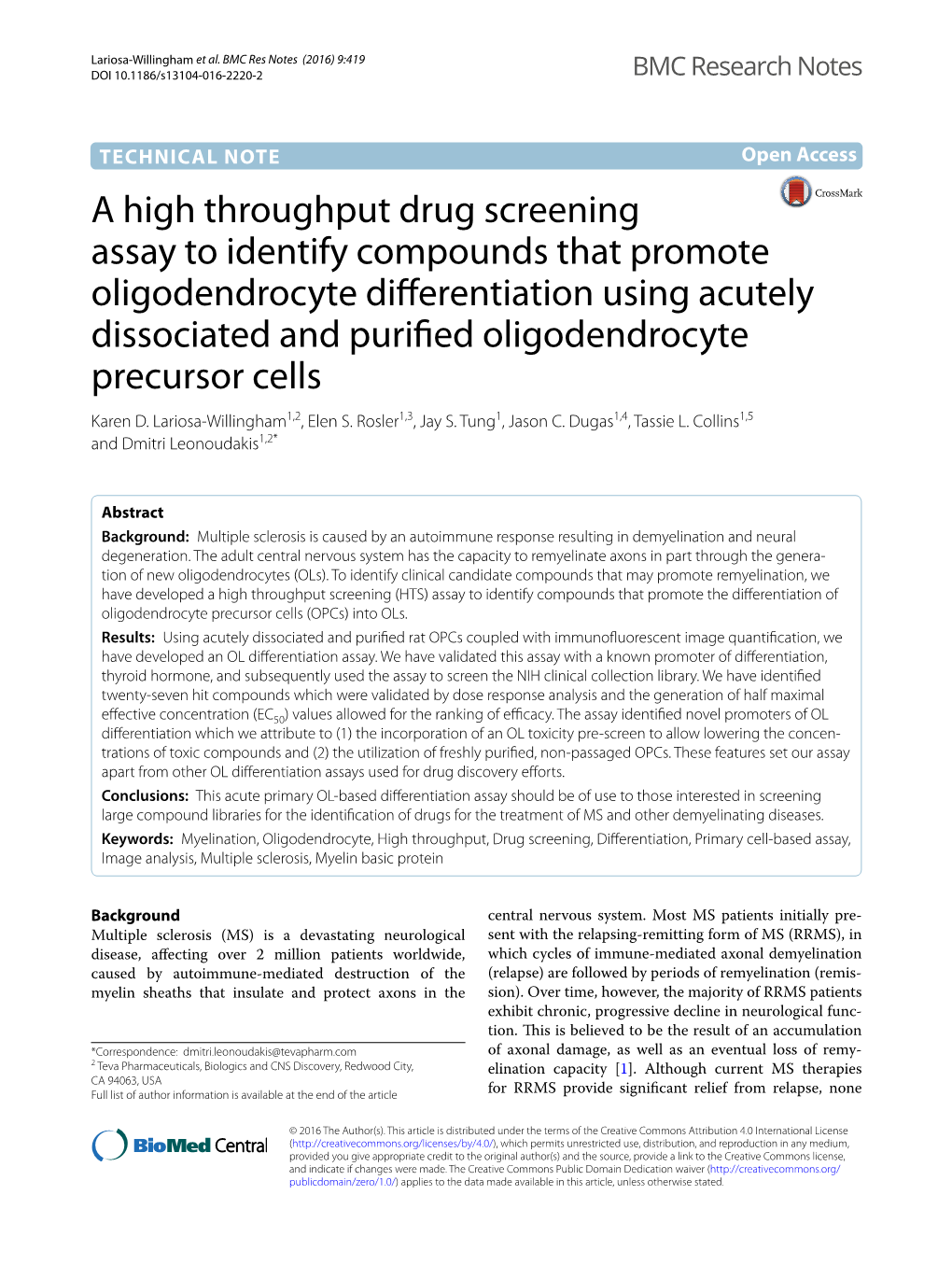 A High Throughput Drug Screening Assay to Identify Compounds That