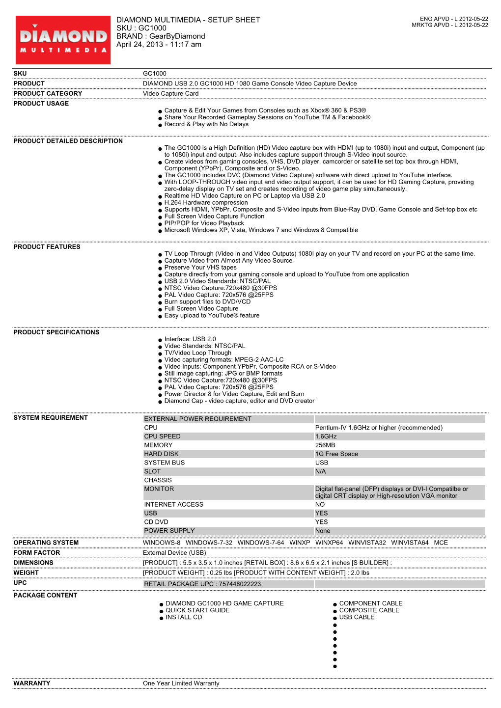 DIAMOND MULTIMEDIA - SETUP SHEET ENG APVD - L 2012-05-22 SKU : GC1000 MRKTG APVD - L 2012-05-22 BRAND : Gearbydiamond April 24, 2013 - 11:17 Am