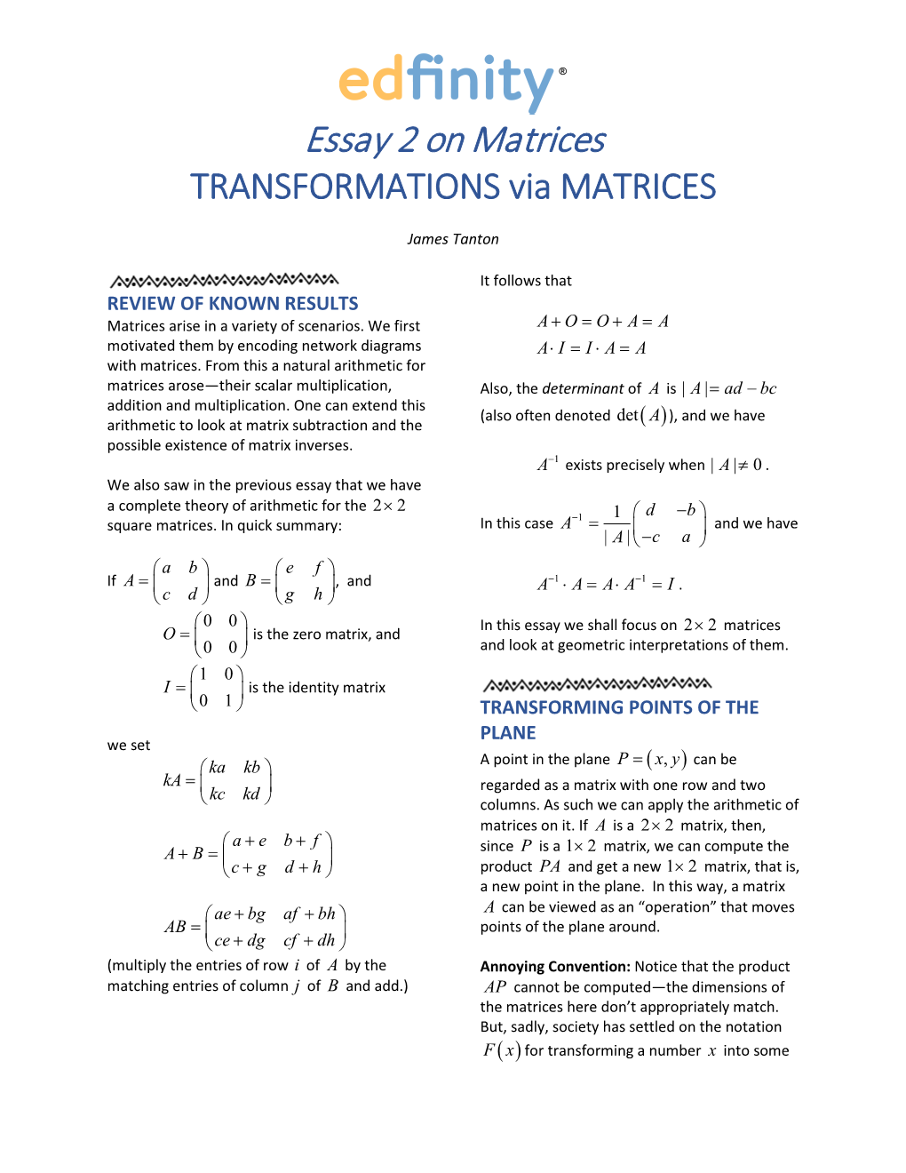 Essay 2 on Matrices TRANSFORMATIONS Via MATRICES