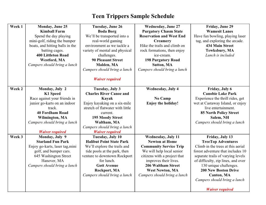 Teen Trippers Sample Schedule