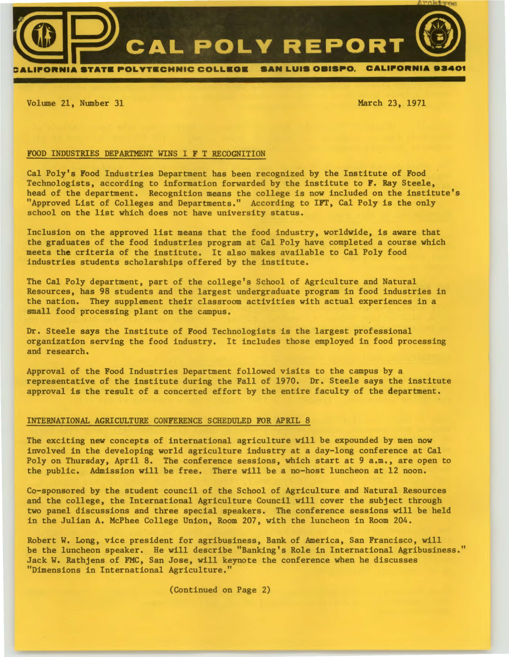 March 23, 1971 Cal Poly Report