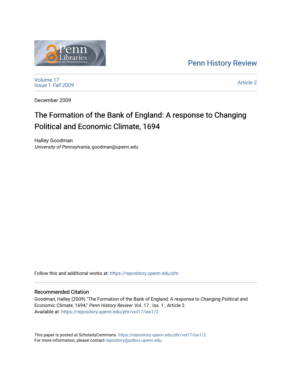 The Formation of the Bank of England: a Response to Changing Political and Economic Climate, 1694