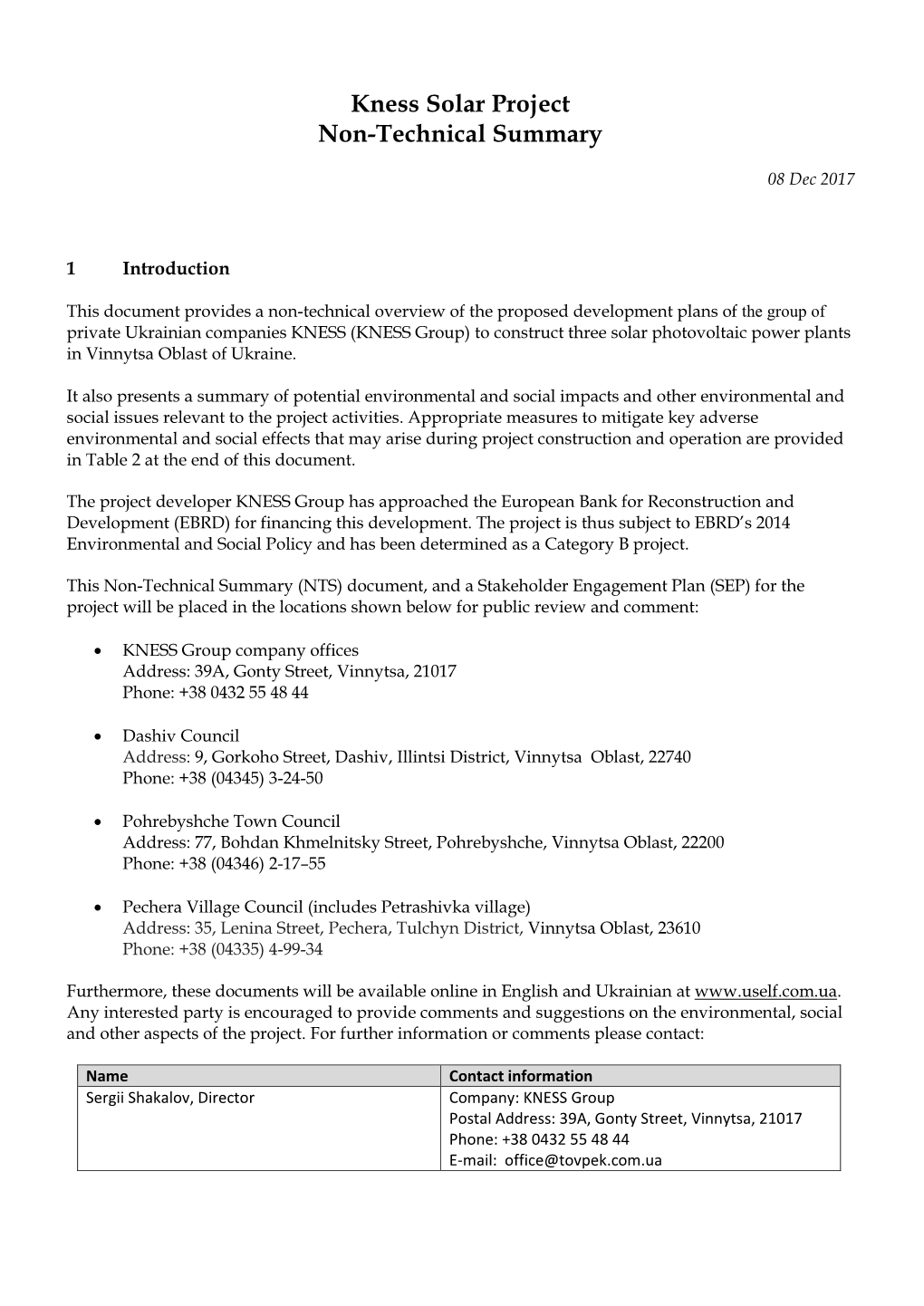 Rengy Tomashpil Solar Project Non-Technical Summary