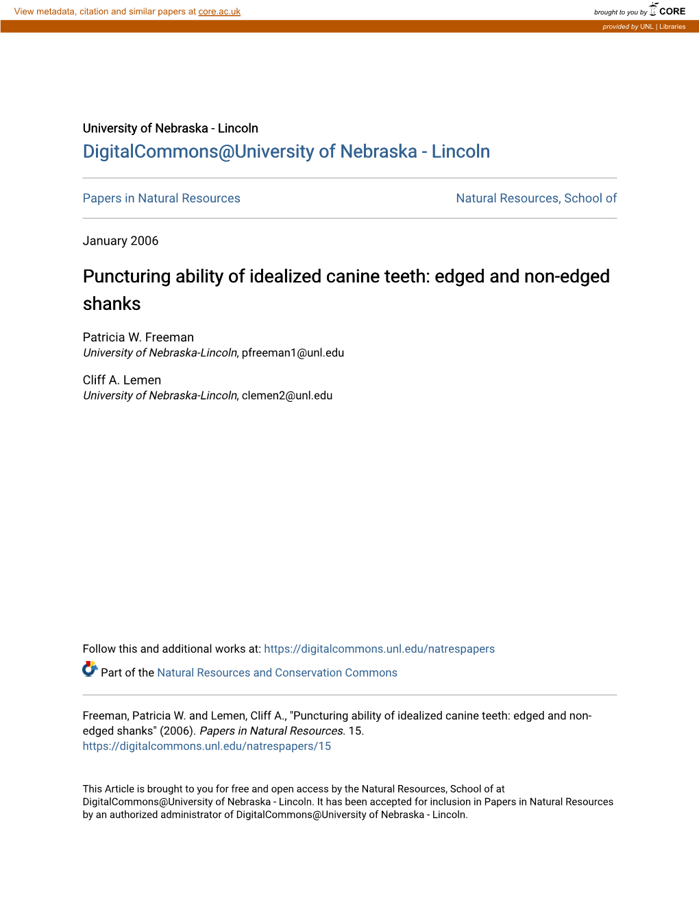 Puncturing Ability of Idealized Canine Teeth: Edged and Non-Edged Shanks