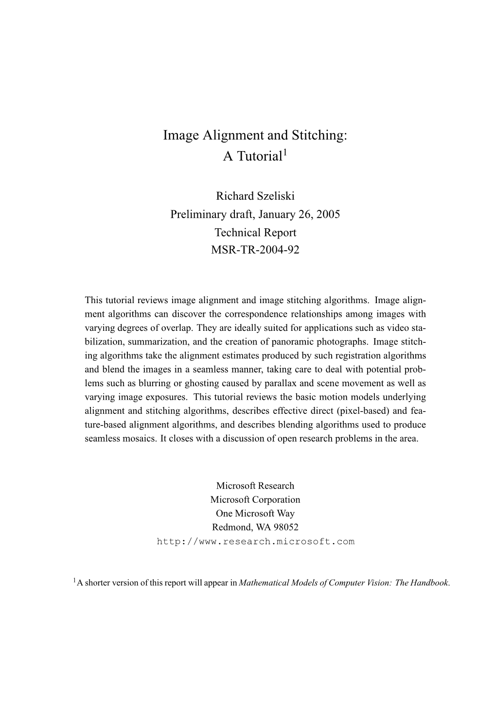 Image Alignment and Stitching: a Tutorial1