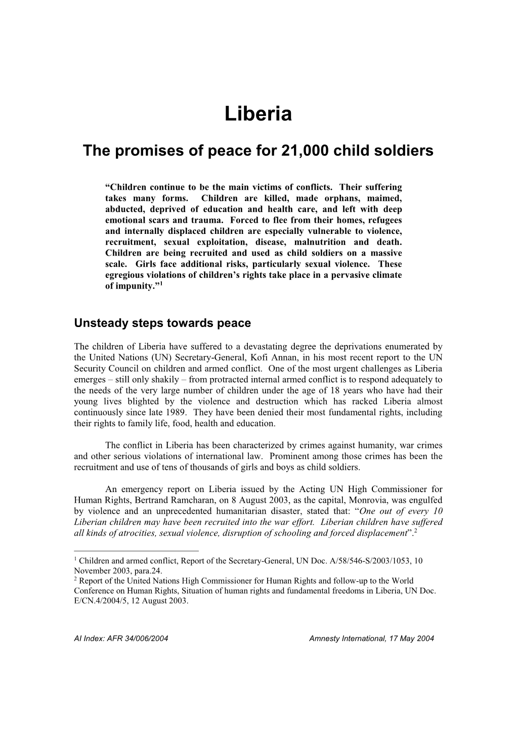 Liberia: the Promises of Peace for 21,000 Child Soldiers
