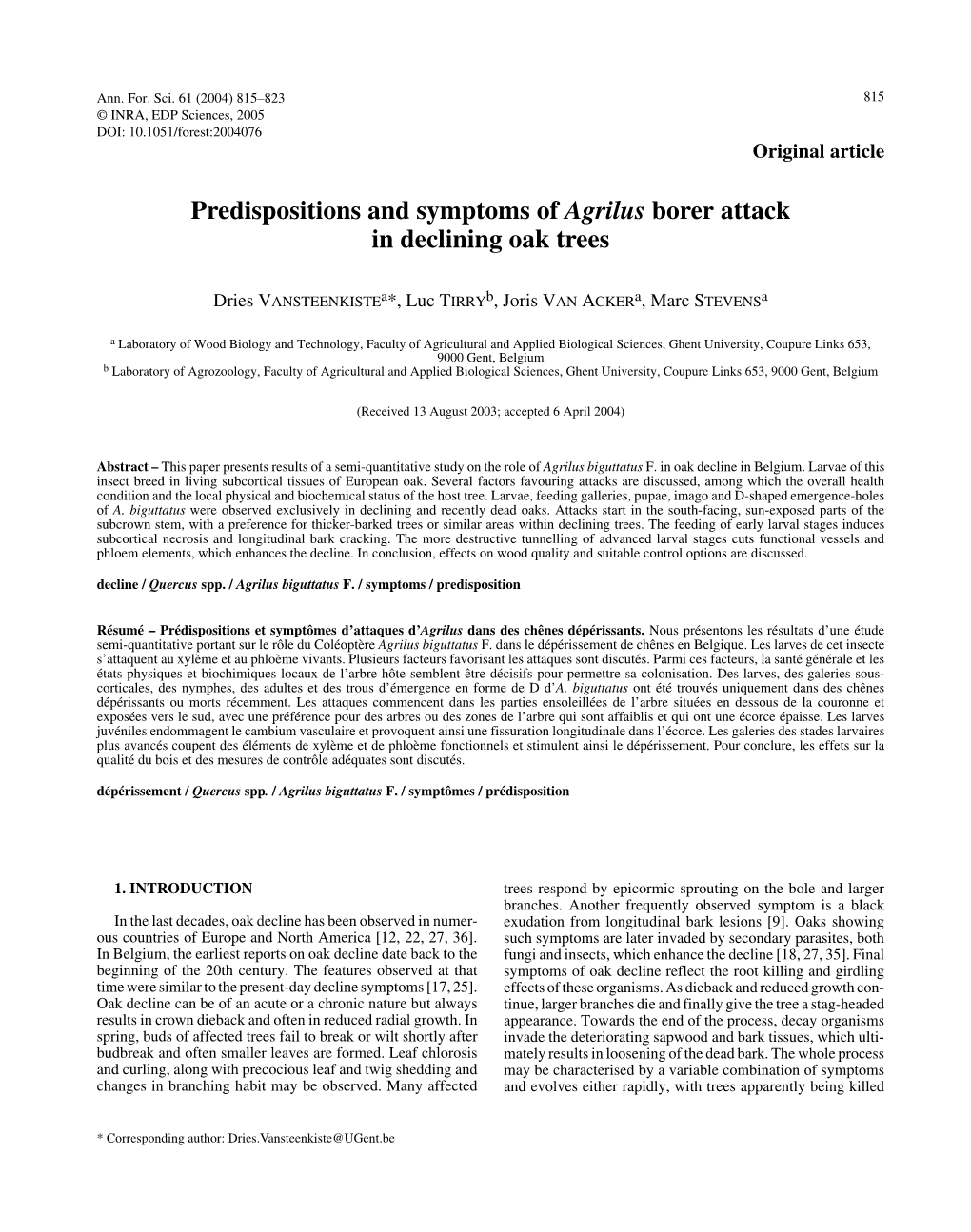 Predispositions and Symptoms of Agrilus Borer Attack in Declining Oak Trees