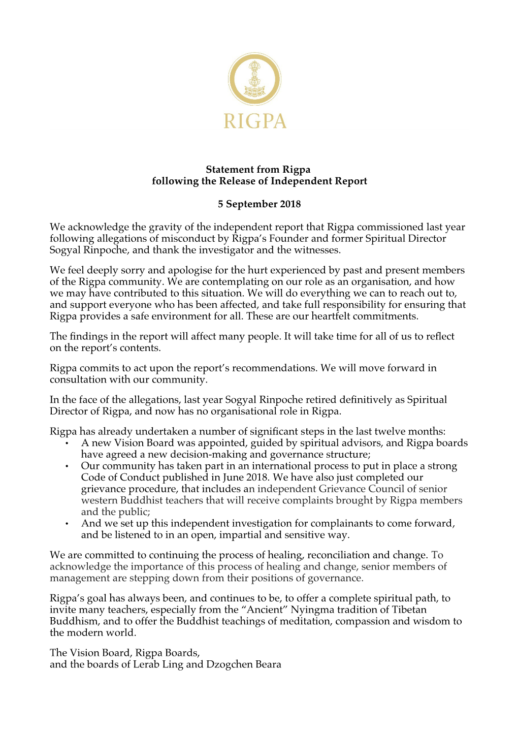 Statement from Rigpa Following the Release of Independent Report 5