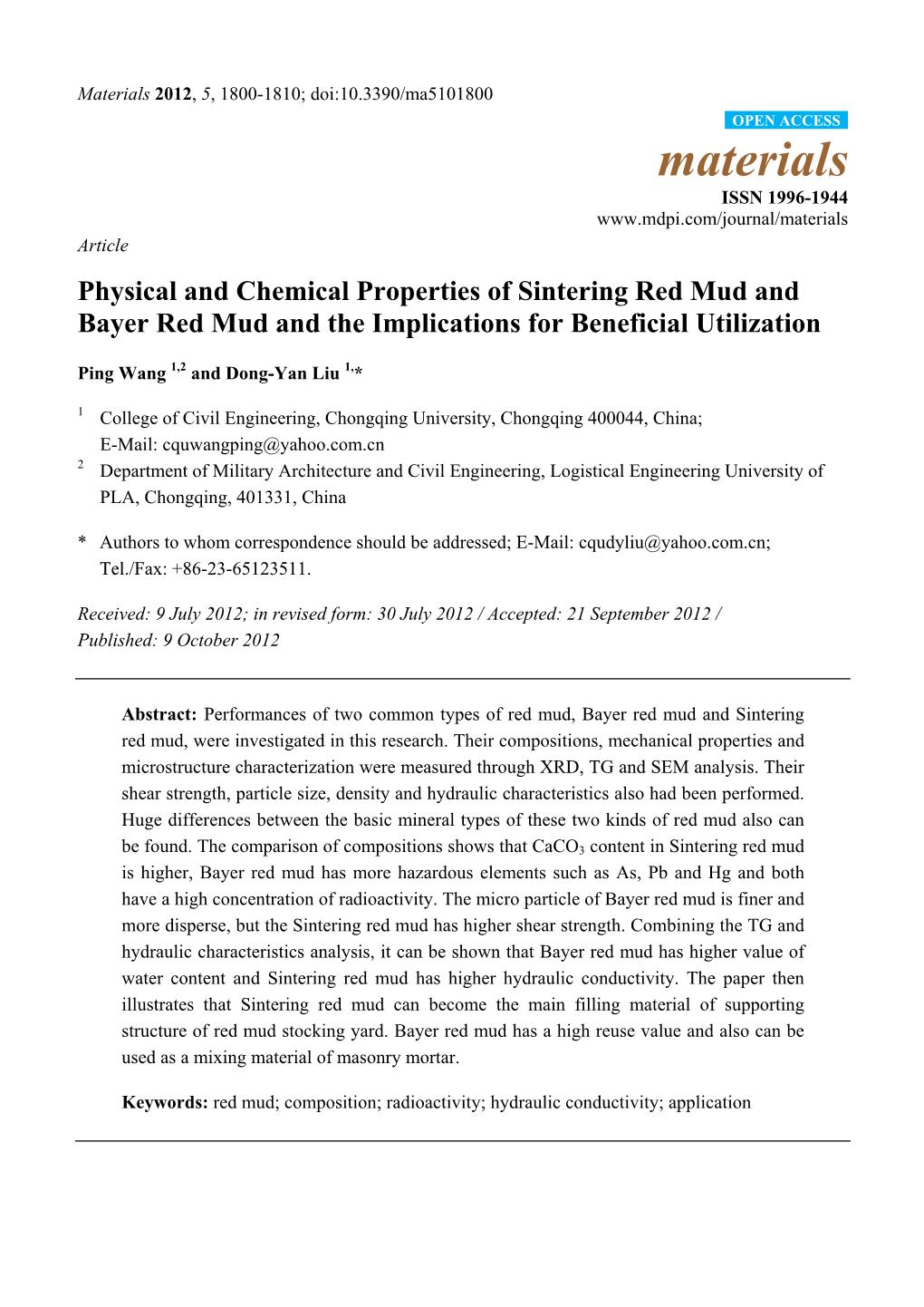 Physical and Chemical Properties of Sintering Red Mud and Bayer Red Mud and the Implications for Beneficial Utilization