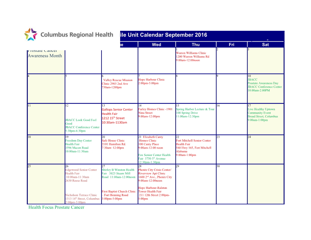 Mobile Unit Calendar September 2016 / / Sun / Mon / Tue / Wed / Thu / Fri / Sat / Prostate