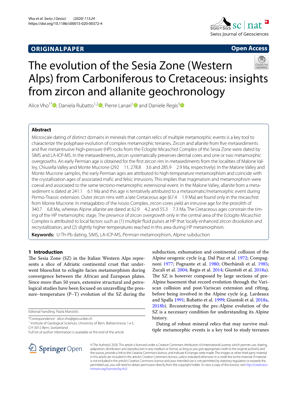 The Evolution of the Sesia Zone (Western Alps) from Carboniferous