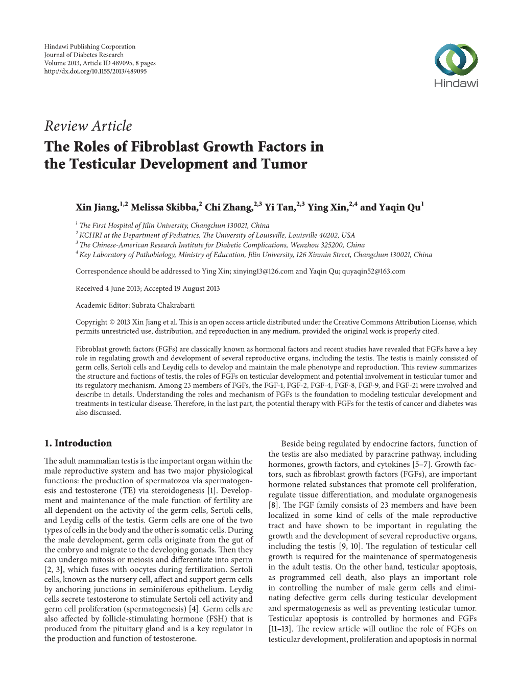 The Roles of Fibroblast Growth Factors in the Testicular Development and Tumor