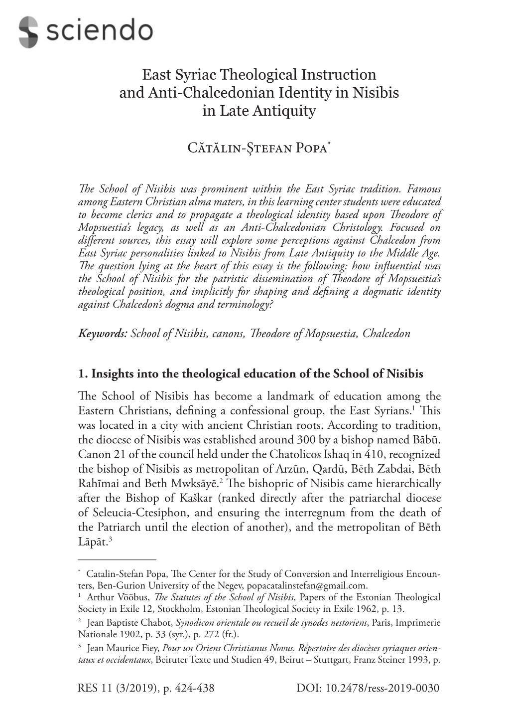 East Syriac Theological Instruction and Anti-Chalcedonian Identity in Nisibis in Late Antiquity Cătălin-Ștefan Popa*