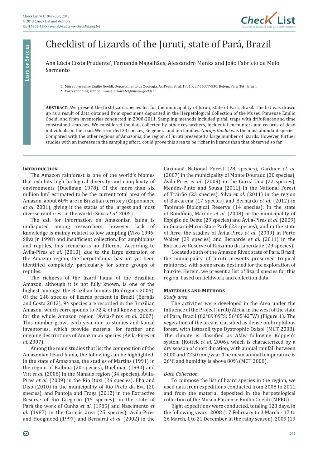 Check List 9(1): 042–050, 2013 © 2013 Check List and Authors Chec List ISSN 1809-127X (Available at Journal of Species Lists and Distribution