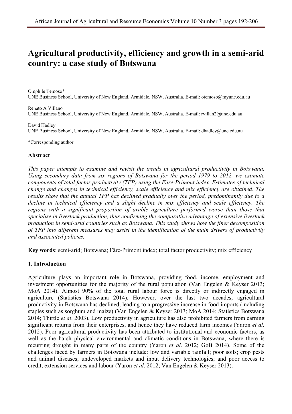 Agricultural Productivity, Efficiency and Growth in a Semi-Arid Country: a Case Study of Botswana
