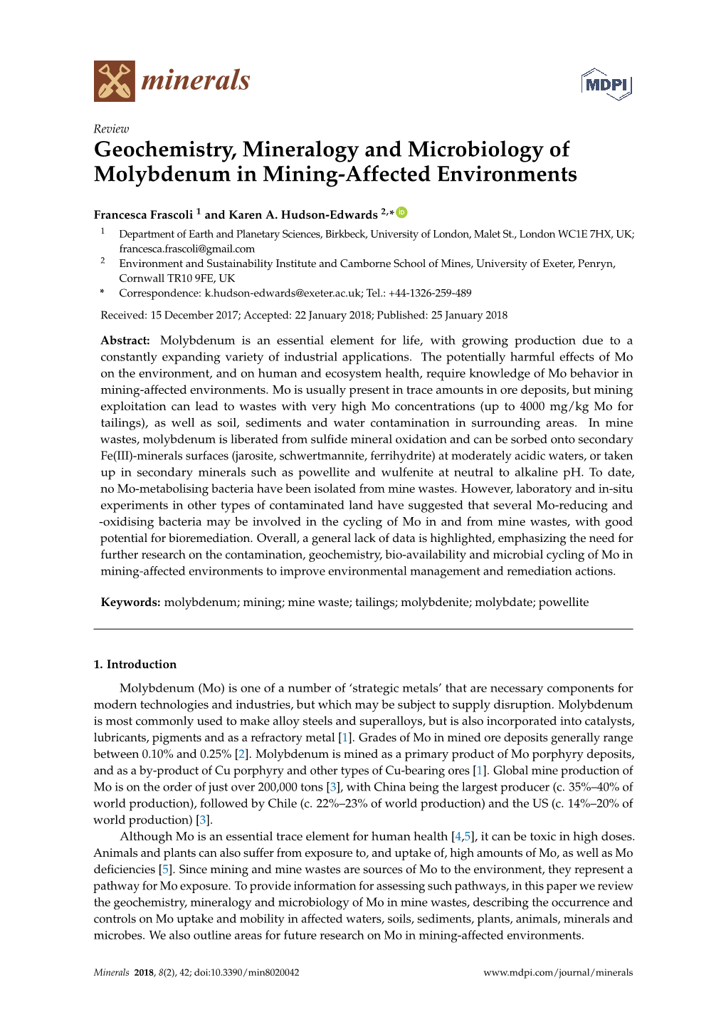 Geochemistry, Mineralogy and Microbiology of Molybdenum in Mining-Affected Environments