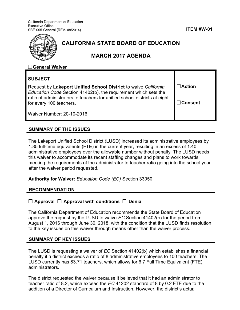 March 2017 Waiver Item W-01 - Meeting Agendas (CA State Board of Education)