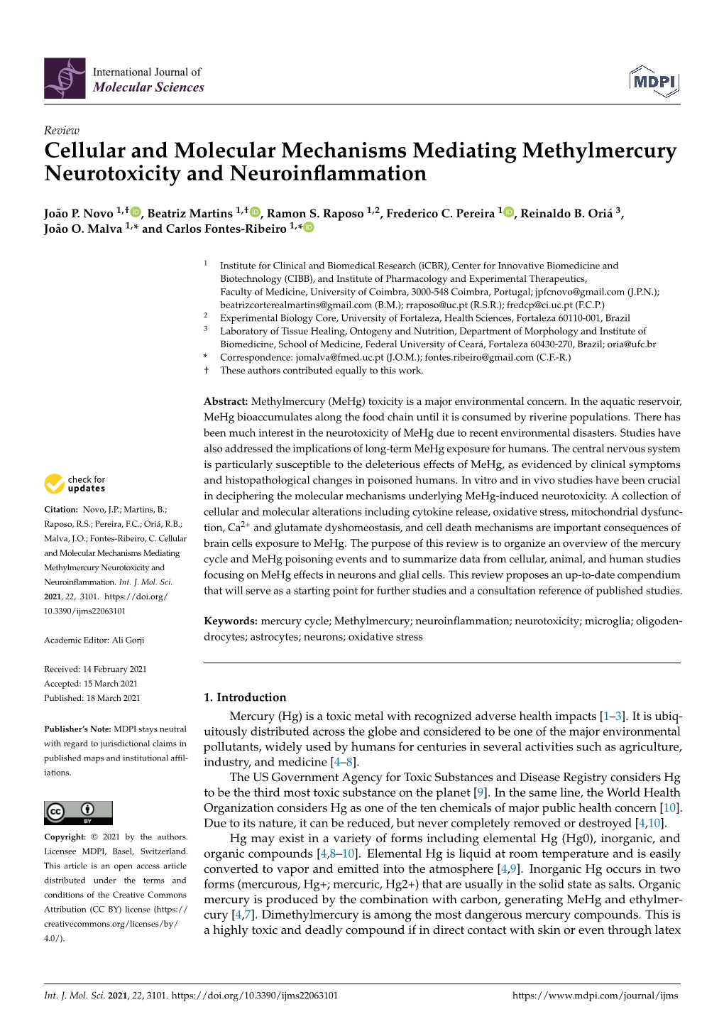 Cellular and Molecular Mechanisms Mediating Methylmercury Neurotoxicity and Neuroinﬂammation