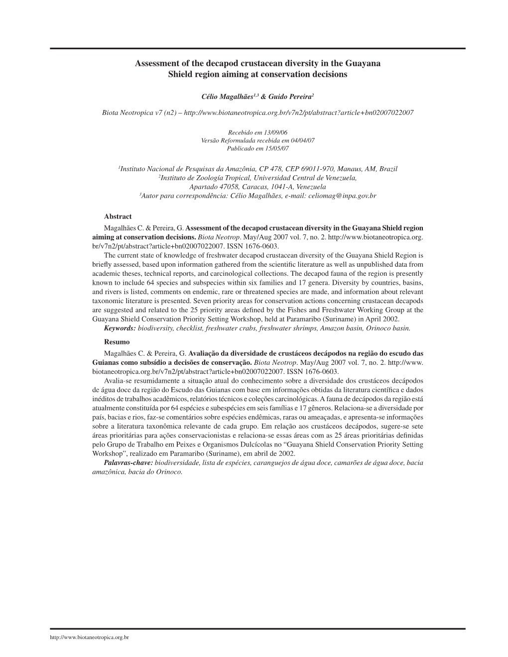 Assessment of the Decapod Crustacean Diversity in the Guayana Shield Region Aiming at Conservation Decisions