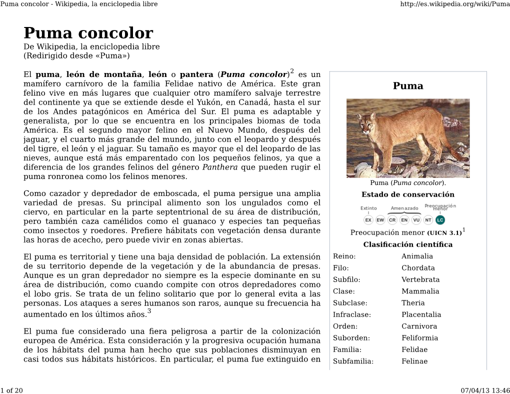 Puma Concolor - Wikipedia, La Enciclopedia Libre