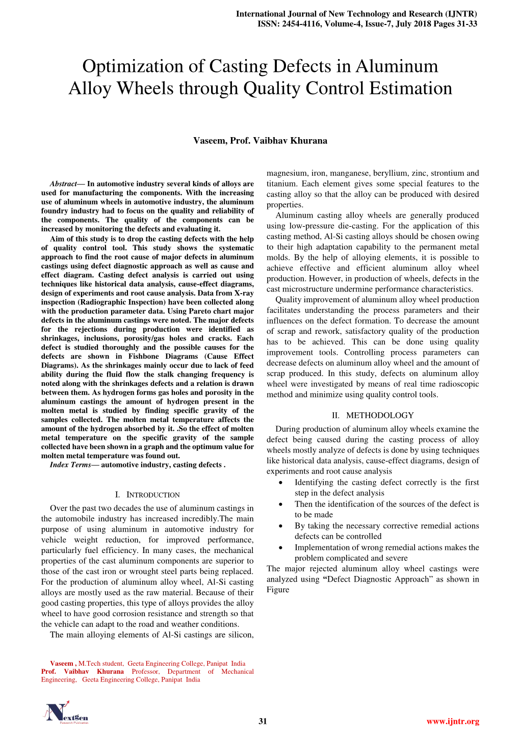 Optimization of Casting Defects in Aluminum Alloy Wheels Through Quality Control Estimation