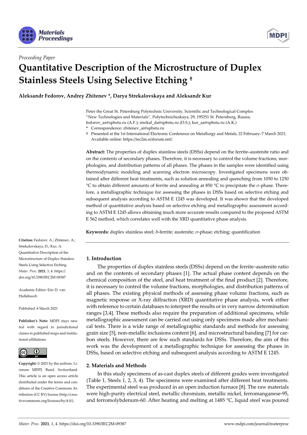 Quantitative Description of the Microstructure of Duplex Stainless Steels Using Selective Etching †