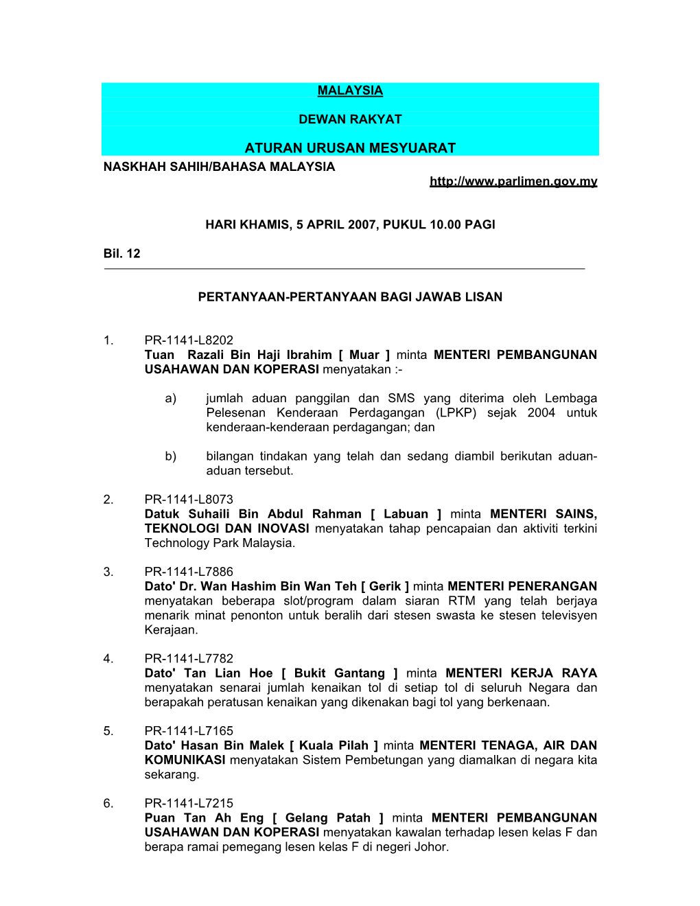 Aturan Urusan Mesyuarat Naskhah Sahih/Bahasa Malaysia