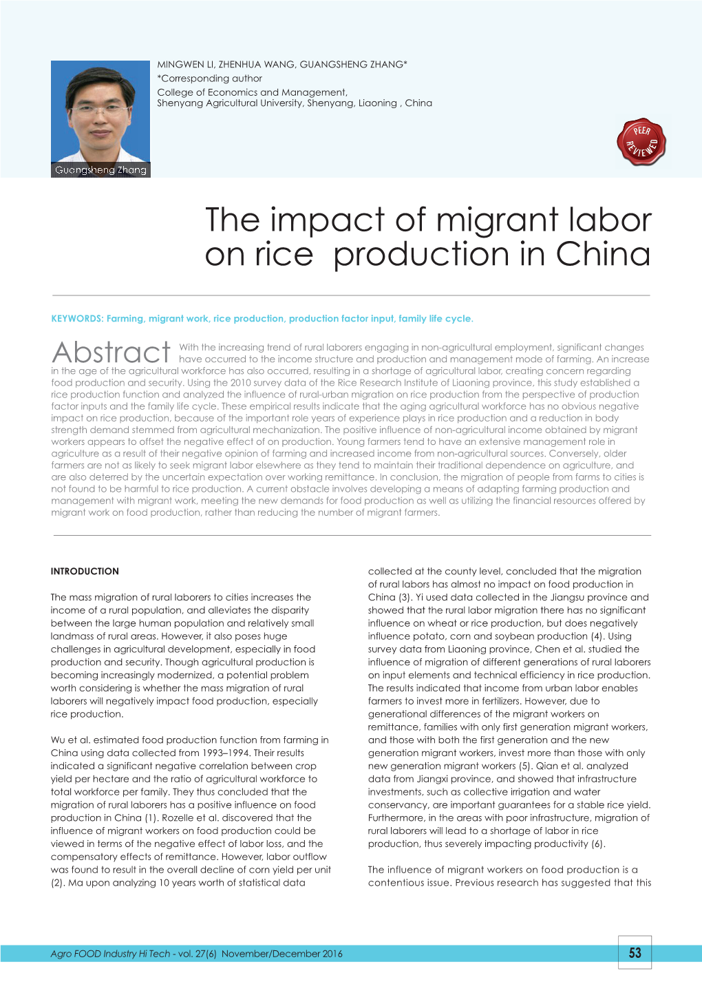 The Impact of Migrant Labor on Rice Production in China