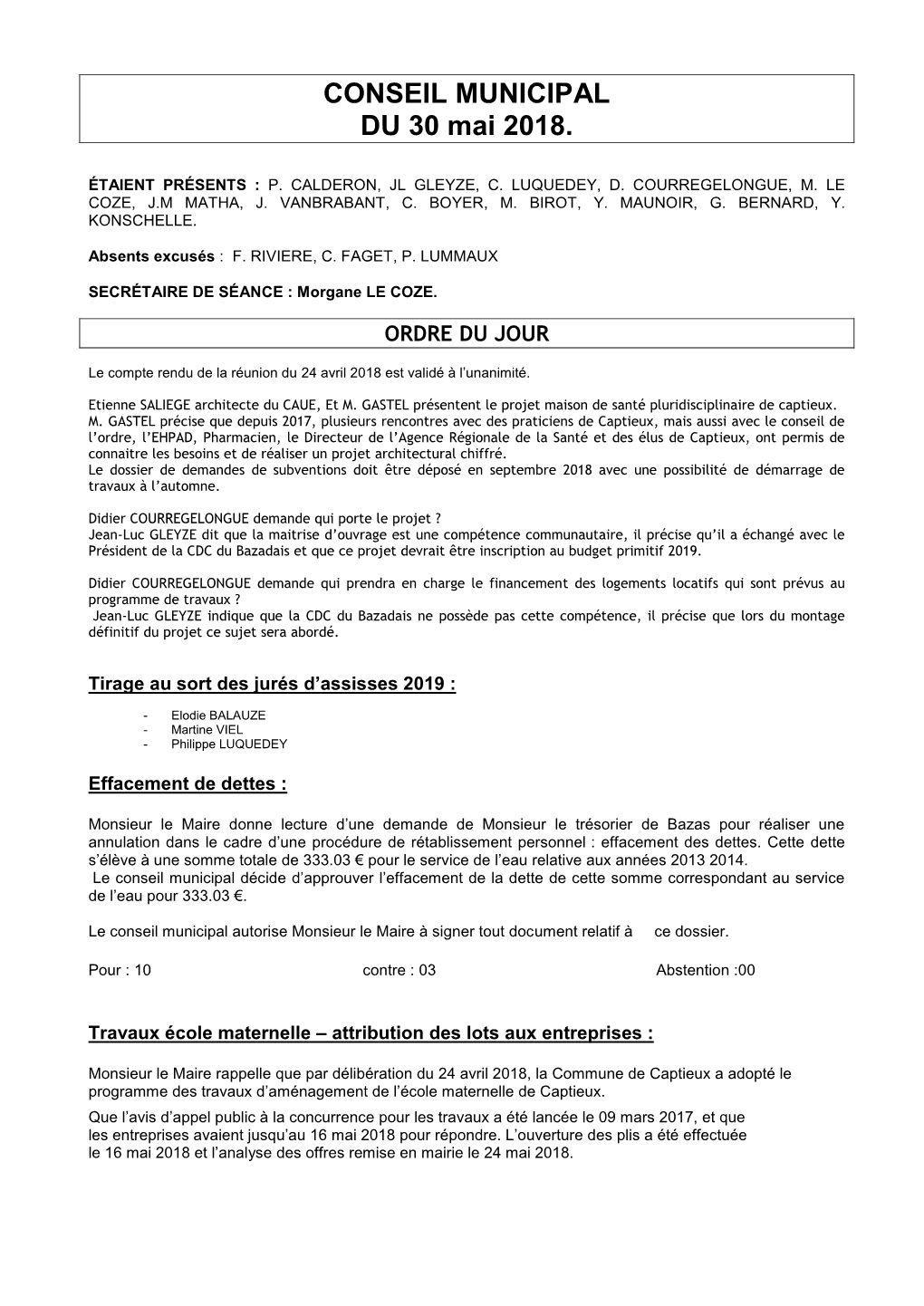 CONSEIL MUNICIPAL DU 30 Mai 2018