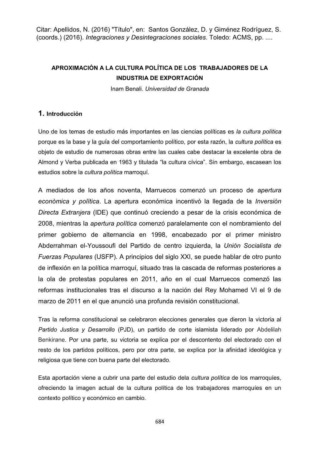 Aproximación a La Cultura Política De Los Trabajadores De La Industria De La Exportación