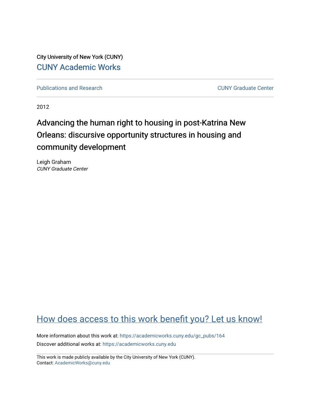 Advancing the Human Right to Housing in Post-Katrina New Orleans: Discursive Opportunity Structures in Housing and Community Development