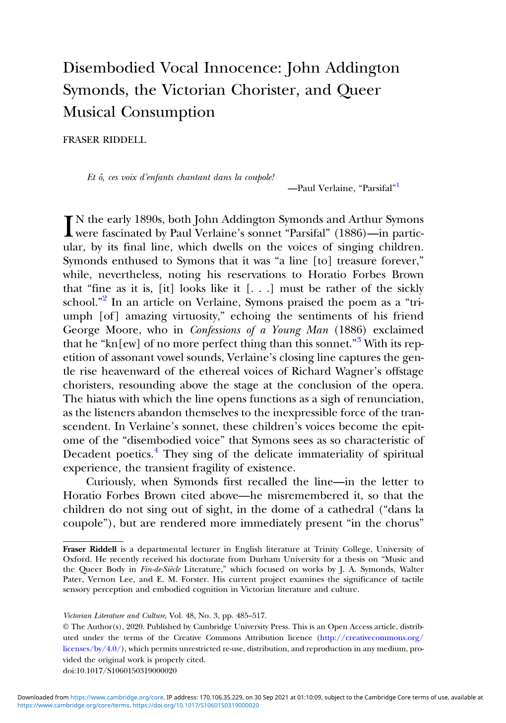 Disembodied Vocal Innocence: John Addington Symonds, the Victorian Chorister, and Queer Musical Consumption