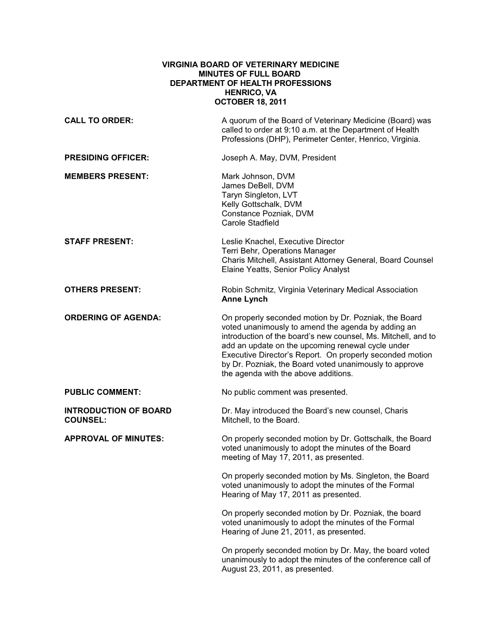 Board of Veterinary Medicine Minutes 10-18-2012