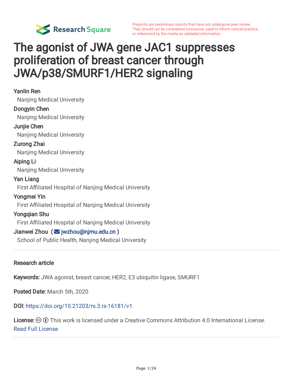 The Agonist of JWA Gene JAC1 Suppresses Proliferation of Breast Cancer Through JWA/P38/SMURF1/HER2 Signaling
