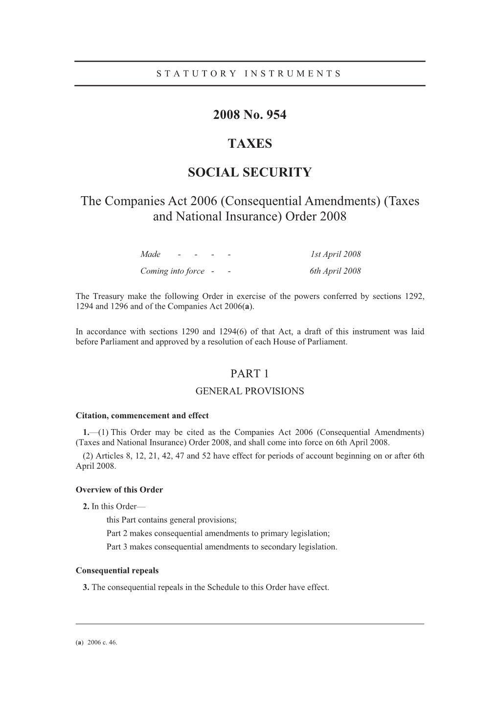 2008 No. 954 TAXES SOCIAL SECURITY the Companies Act 2006