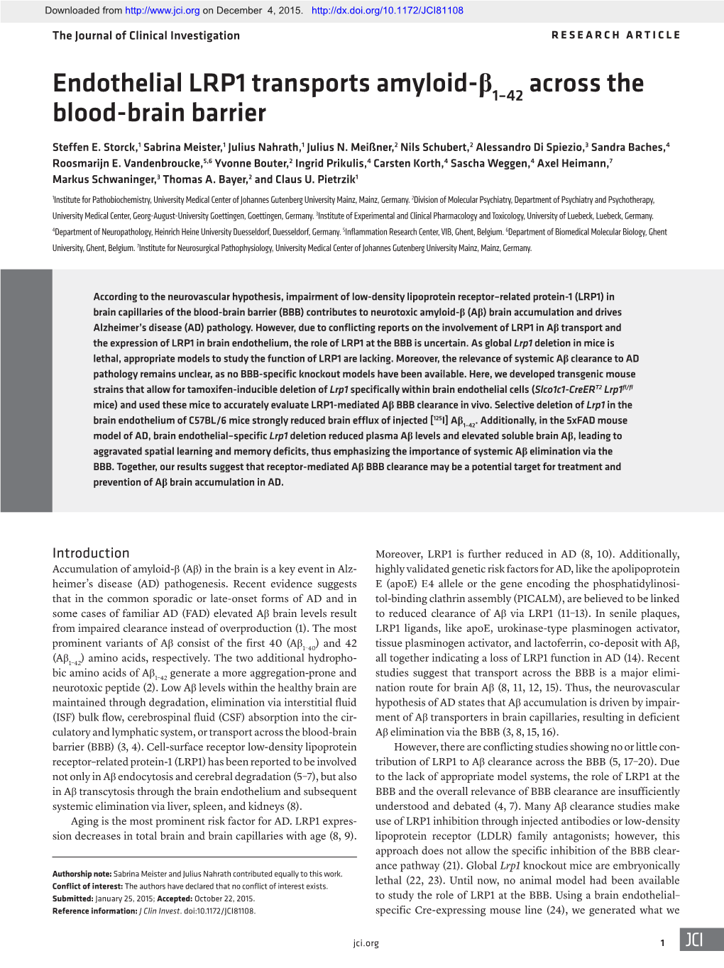 Endothelial LRP1 Transports Amyloid-Β Across the Blood-Brain Barrier