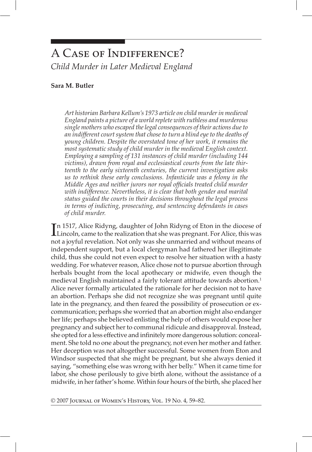 A Case of Indifference? Child Murder in Later Medieval England