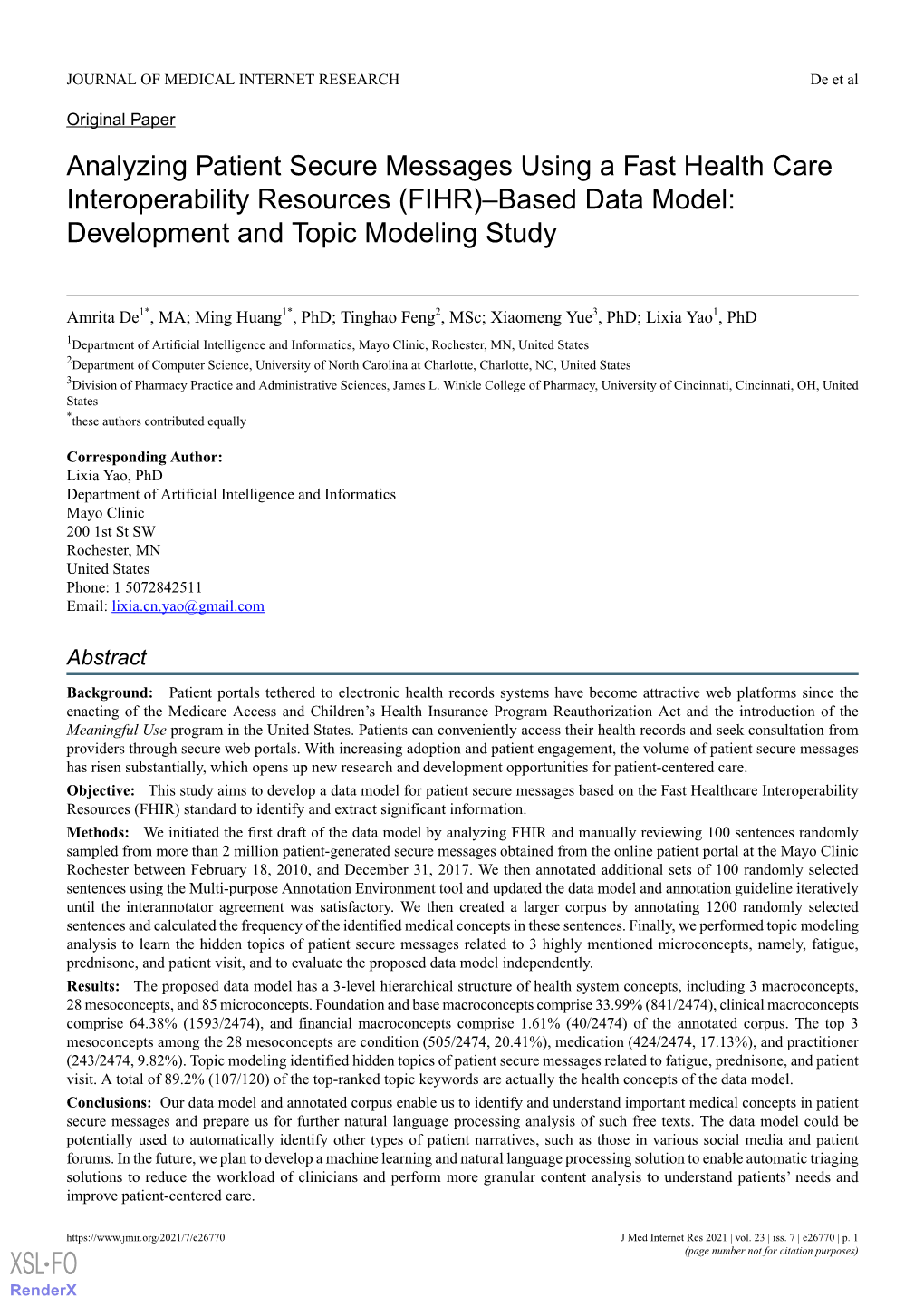 Analyzing Patient Secure Messages Using a Fast Health Care Interoperability Resources (FIHR)–Based Data Model: Development and Topic Modeling Study