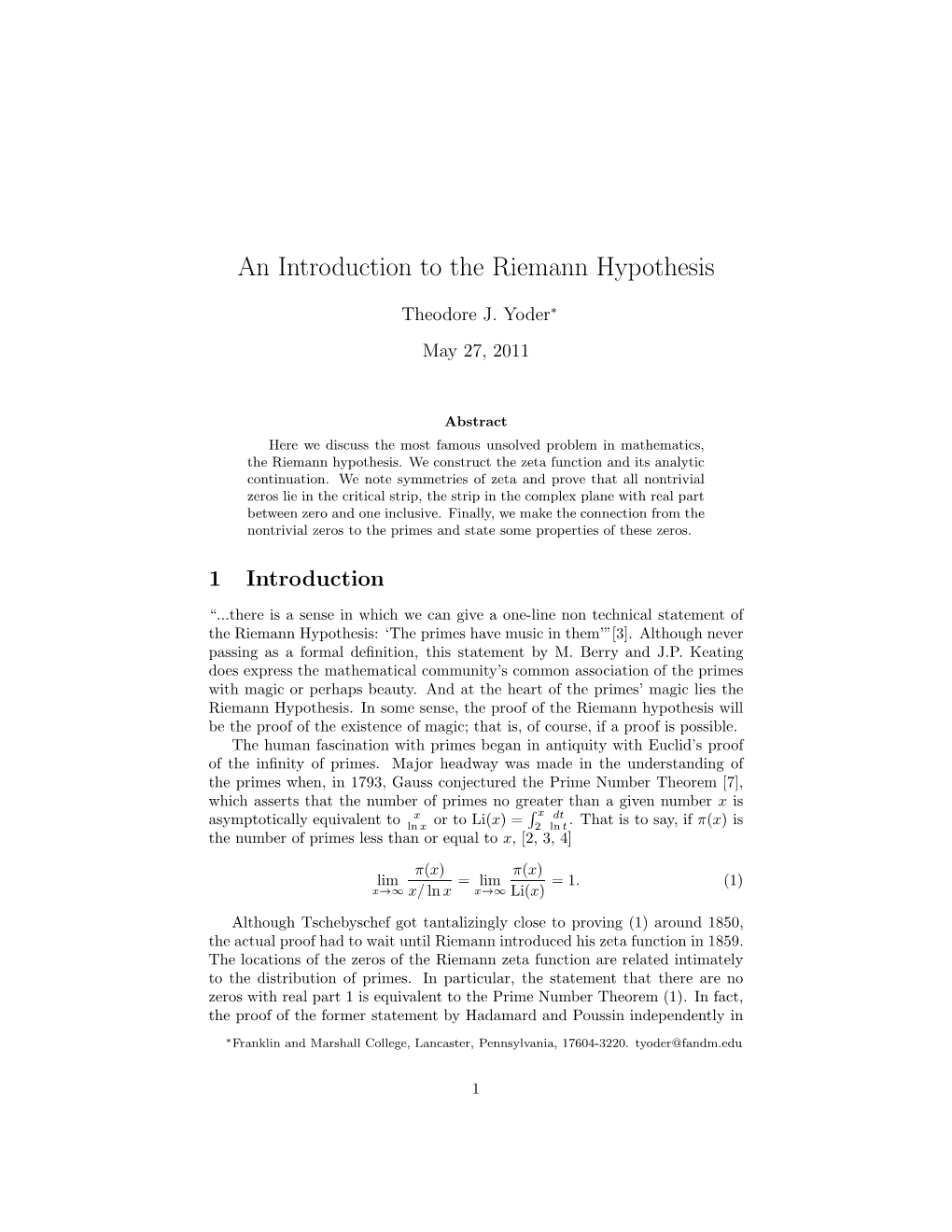 An Introduction to the Riemann Hypothesis