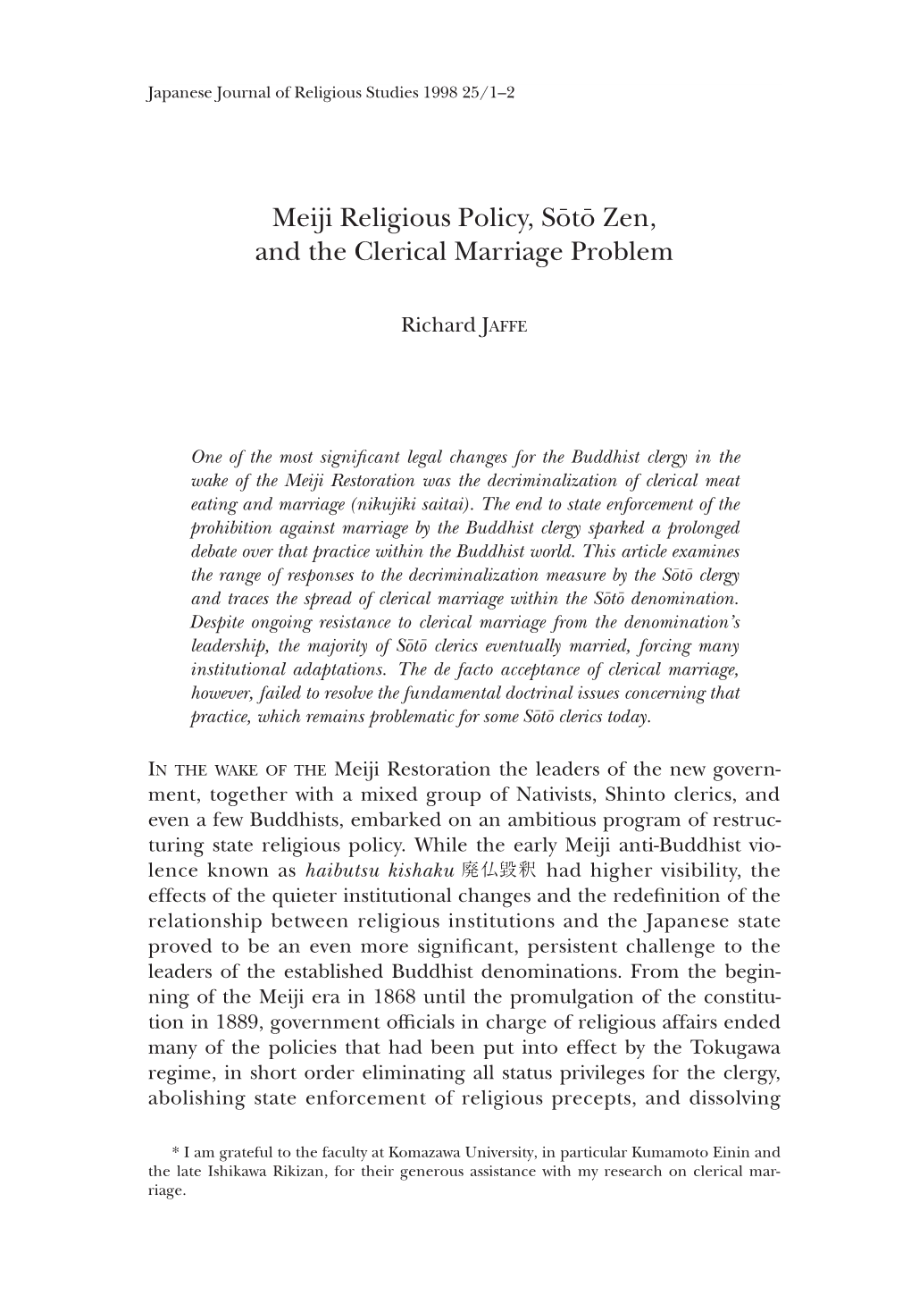 Meiji Religious Policy, Sõtõ Zen, and the Clerical Marriage Problem