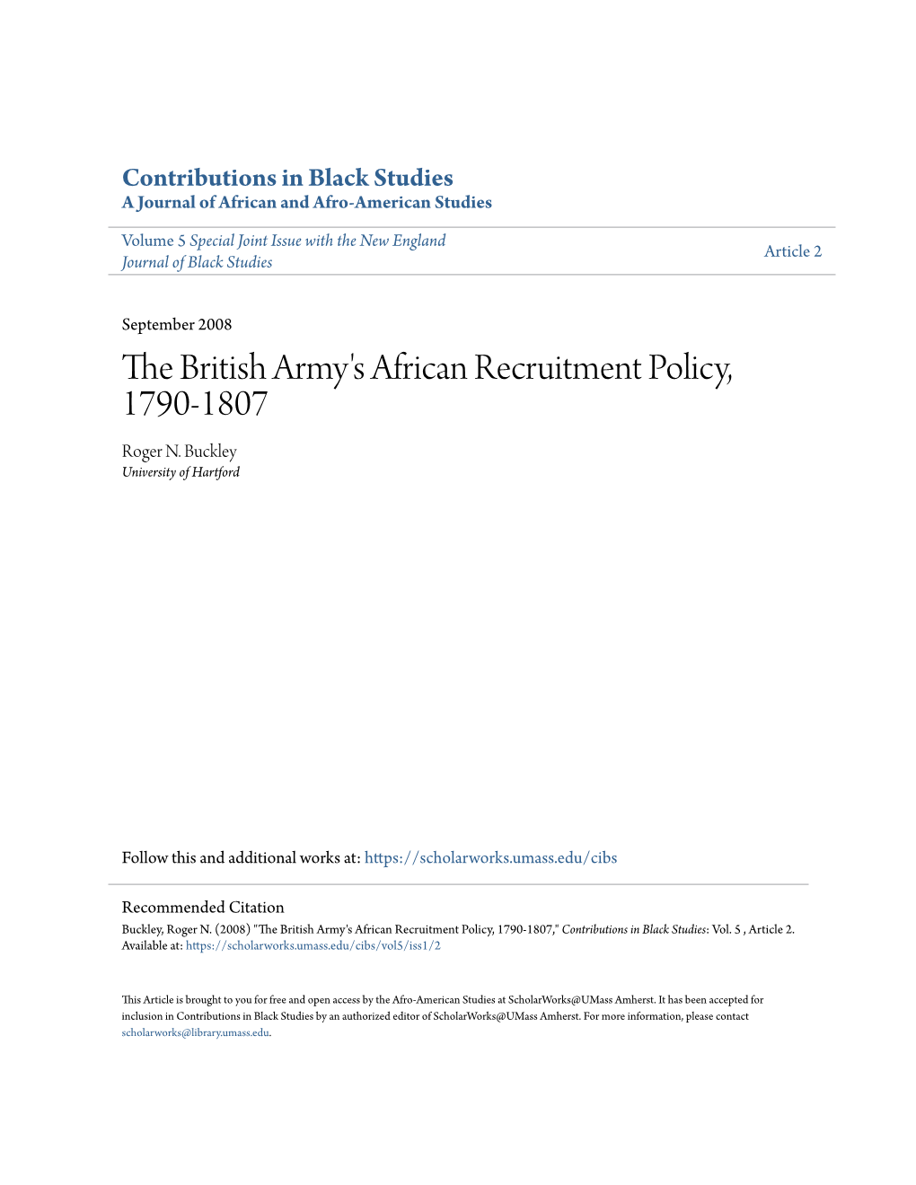 The British Army's African Recruitment Policy, 1790-1807