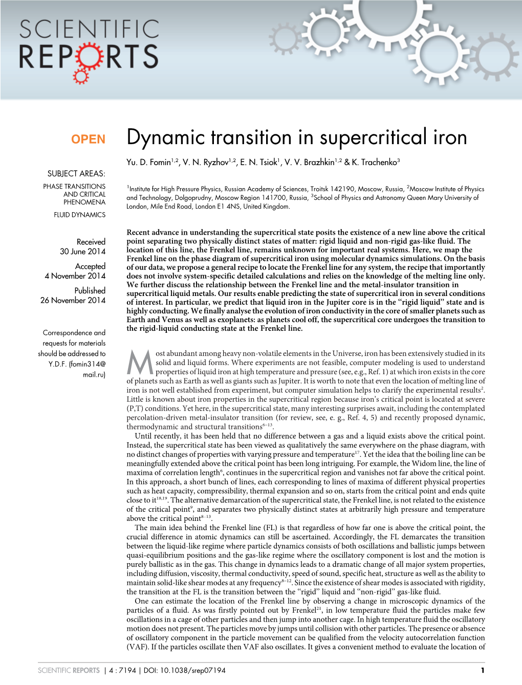 Dynamic Transition in Supercritical Iron
