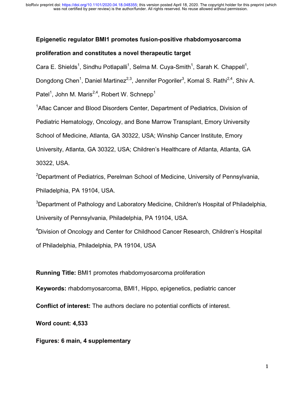 Epigenetic Regulator BMI1 Promotes Fusion-Positive Rhabdomyosarcoma