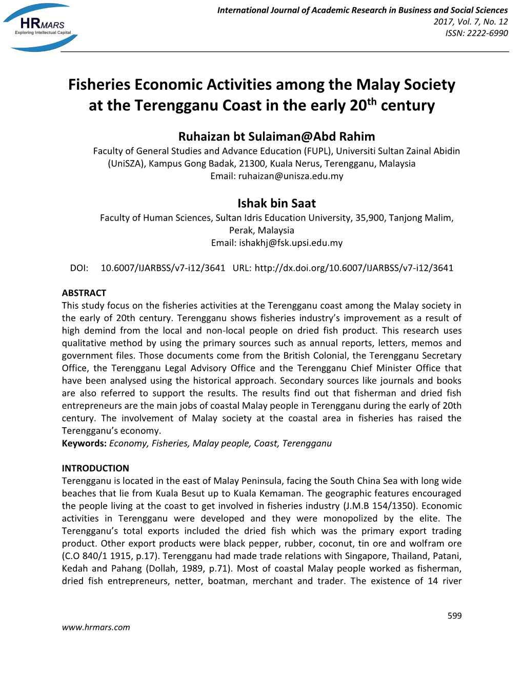 Fisheries Economic Activities Among the Malay Society at the Terengganu Coast in the Early 20Th Century