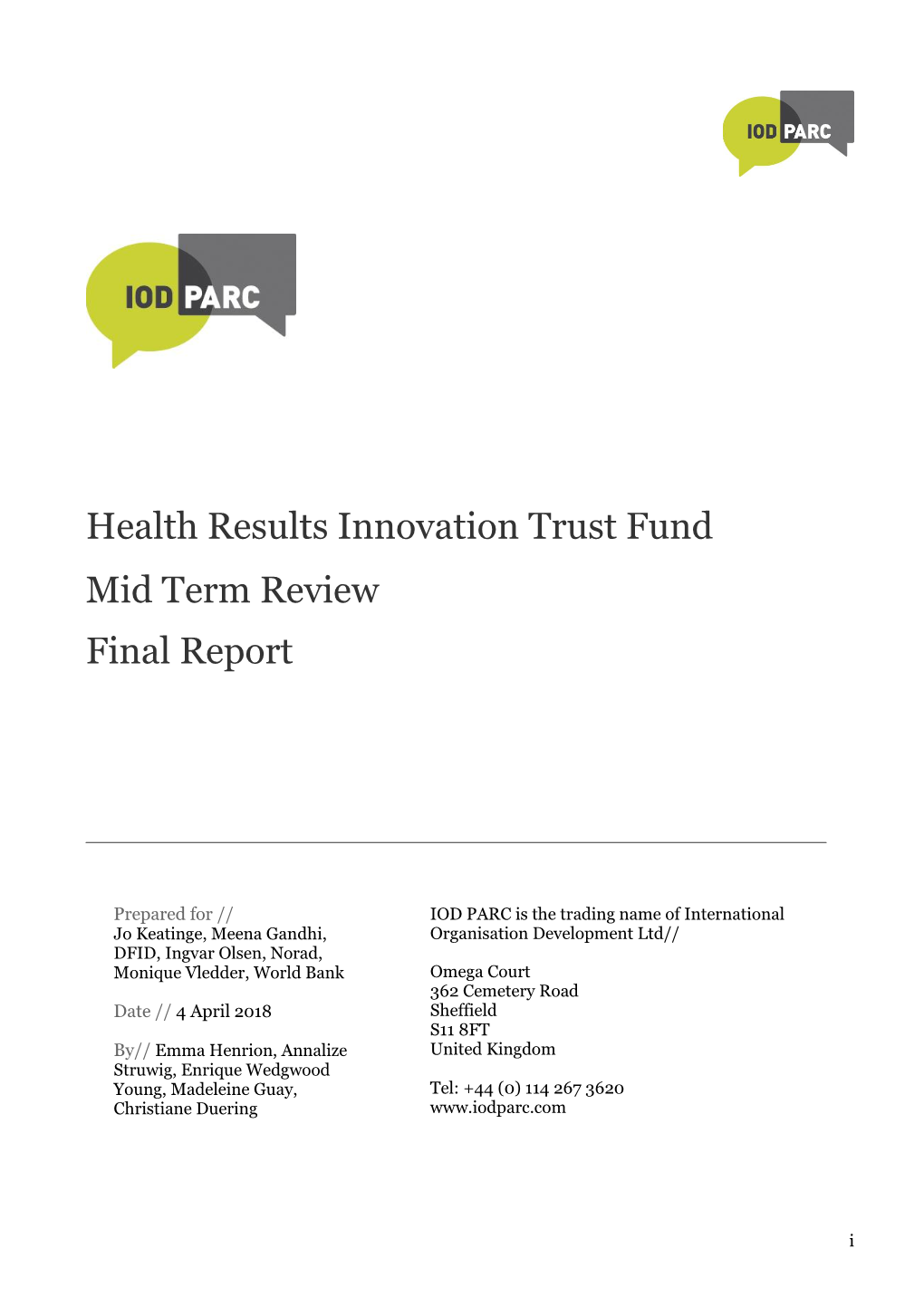 Health Results Innovation Trust Fund Mid Term Review Final Report