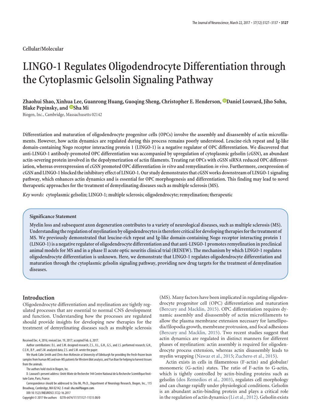 LINGO-1 Regulates Oligodendrocyte Differentiation Through the Cytoplasmic Gelsolin Signaling Pathway