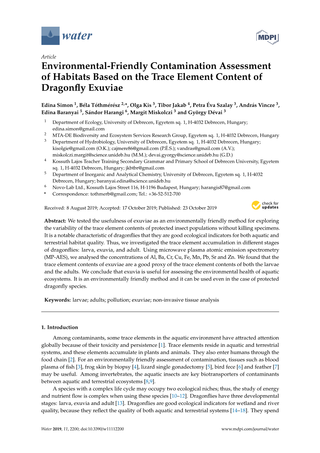 Environmental-Friendly Contamination Assessment of Habitats Based on the Trace Element Content of Dragonﬂy Exuviae