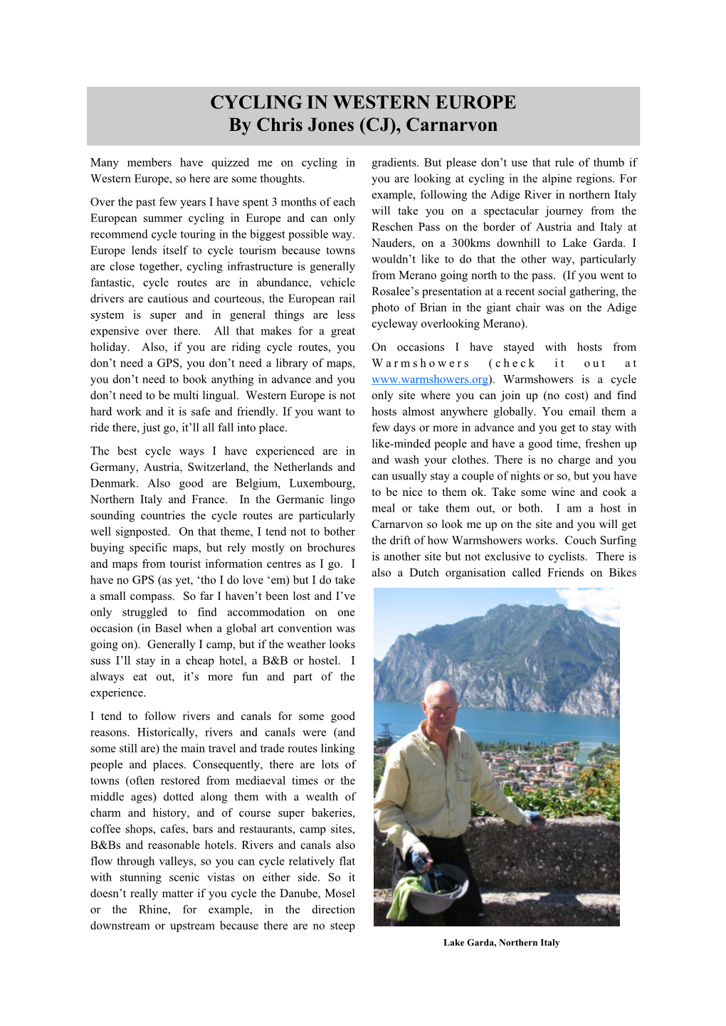 CYCLING in WESTERN EUROPE by Chris Jones (CJ), Carnarvon