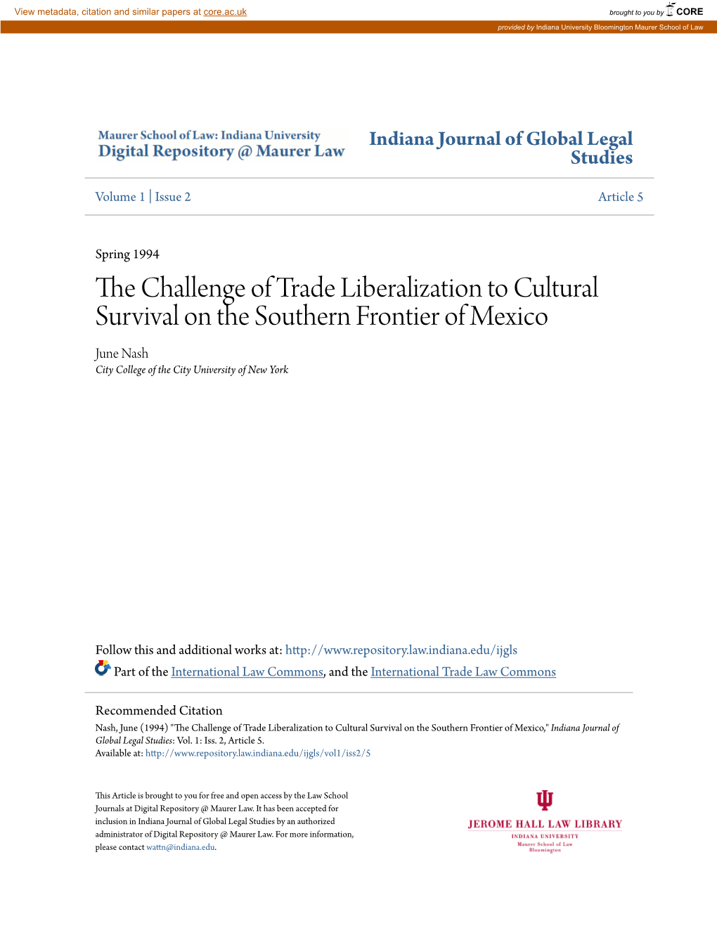 The Challenge of Trade Liberalization to Cultural Survival on the Southern Frontier of Mexico