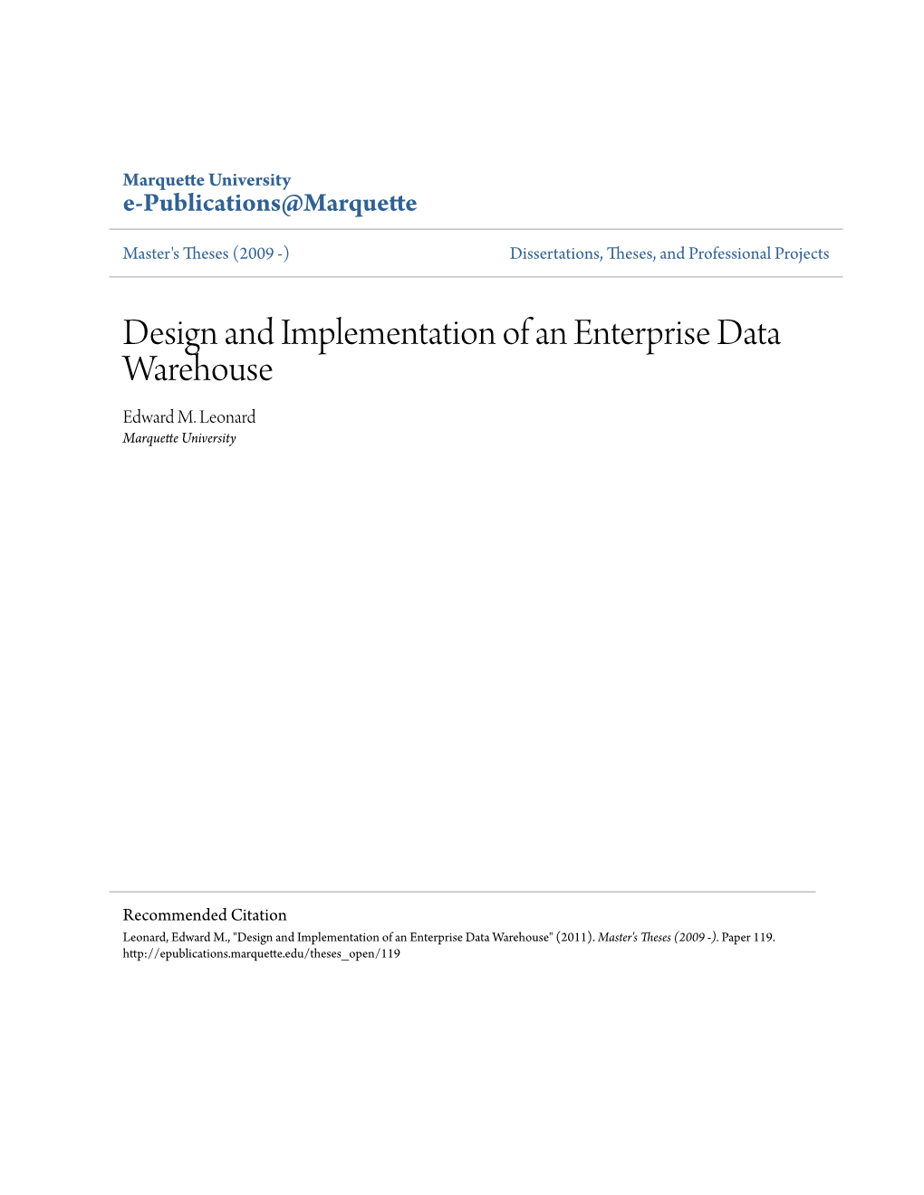 Design and Implementation of an Enterprise Data Warehouse Edward M